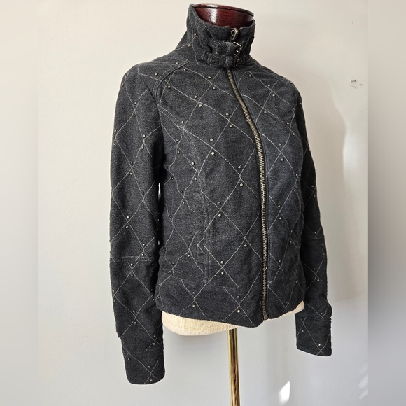 FREE PEOPLE Grey Quilted Studded Moto Sweater Jacket With Neck Buckles. Small - Picture 3 of 16